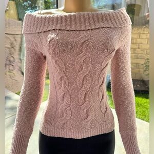 FREE PEOPLE Off-The-Shoulder Cable Knit Sweater in Ballet Pink $128 - Size S